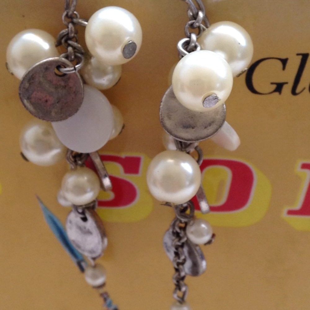 Vintage Dangling Faux Pearl & Abalone Cluster Dangling Earrings - Picture 3 of 6
